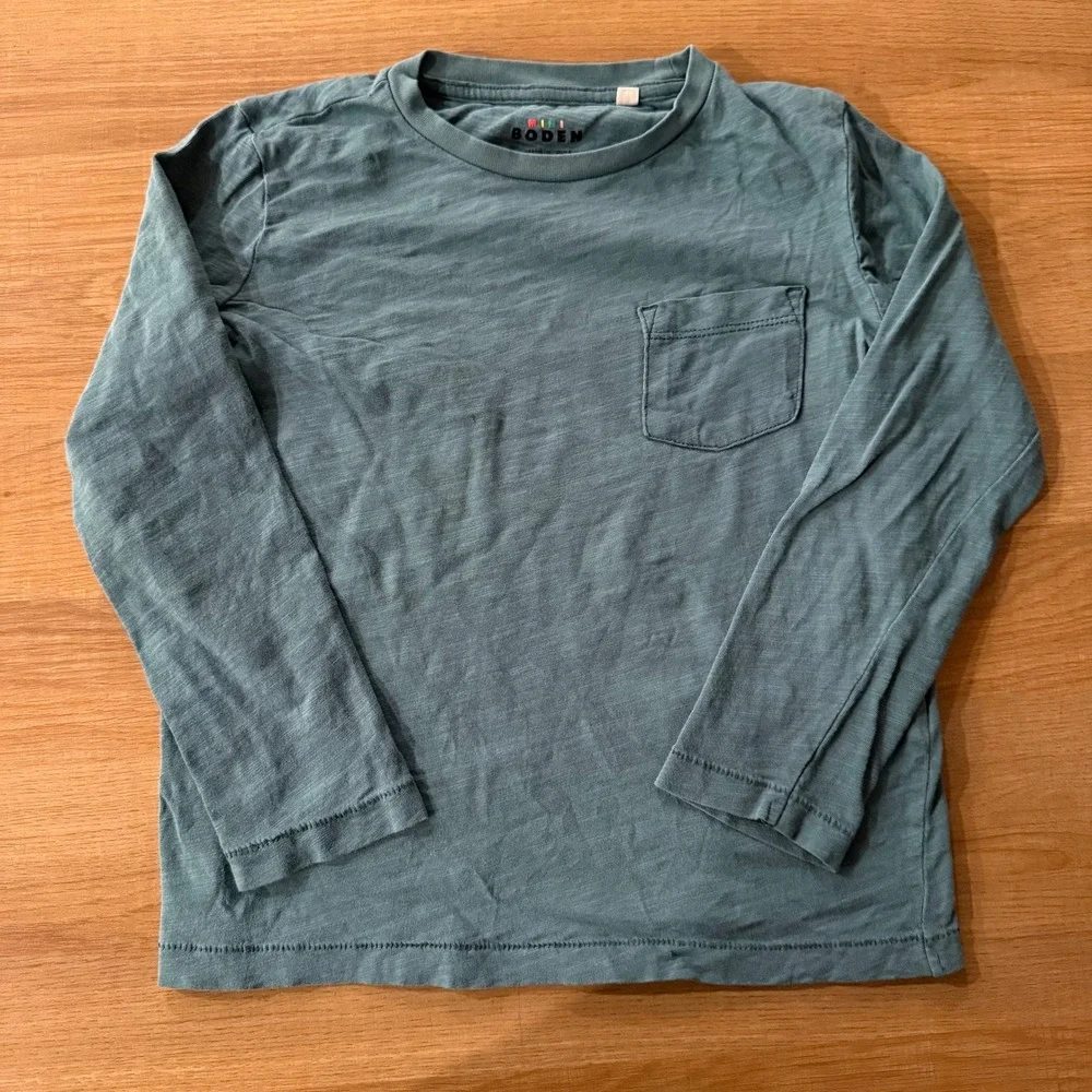 Mini Boden Boys Teal Blue Slub Cotton Long Sleeve Pocket Tee Shirt Size 5-6Y